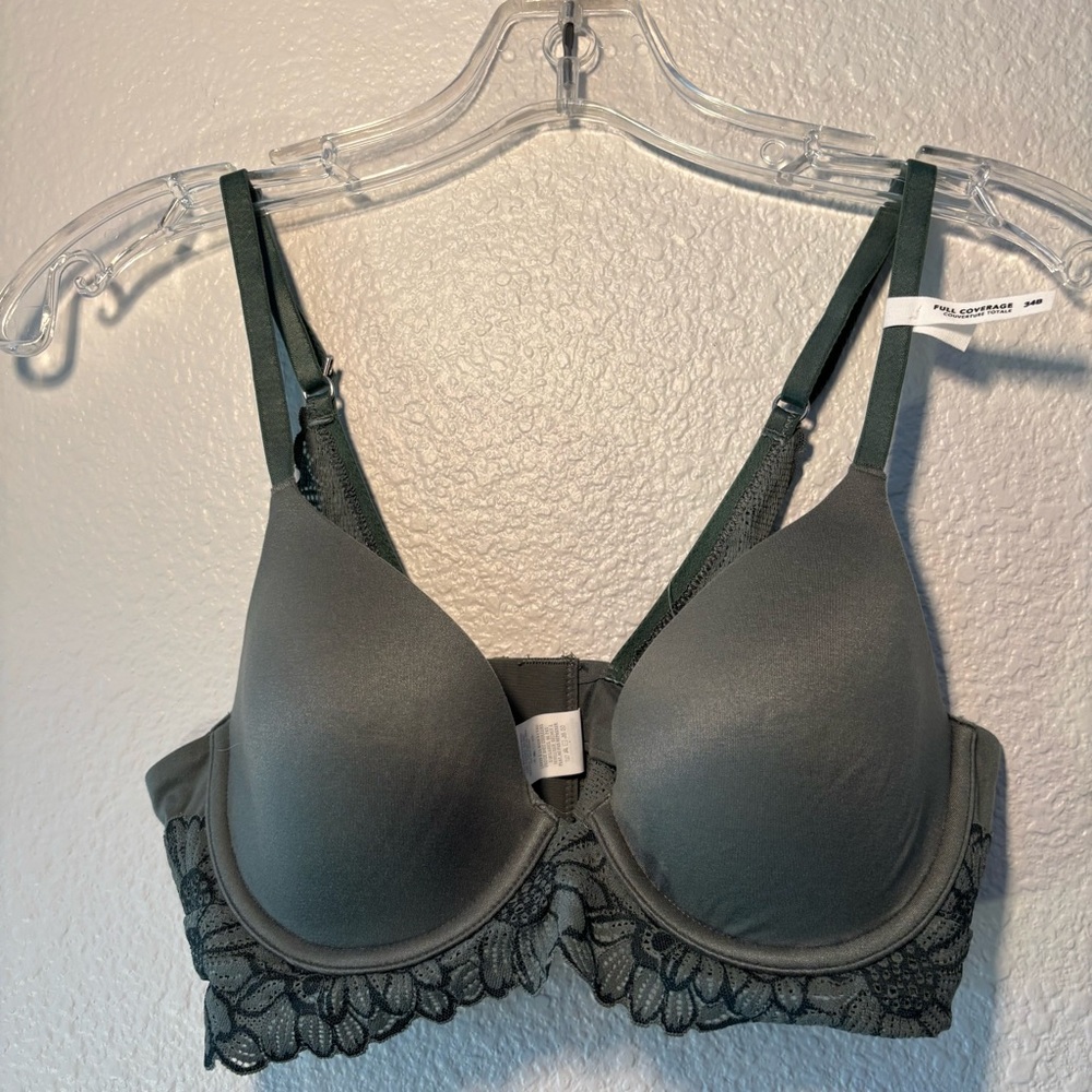 Aerie Sunnie Wireless Bra Lace Green Comfort 34B Molded Cups Full Coverage NWT